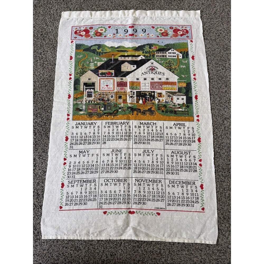 Vintage 1999 Cotton Calendar Kitchen Tea Towel Antique Market Heat Border Quilts